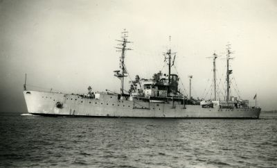 04TM03_04_13
Colin sailed in numerous ships and just eight of them are shown here. This one is HMS Boxer. She was launched in December 1942 and saw action in the allied invasion of Italy. In 1944 she was refitted as an air defence control ship, then as a radar training ship in 1946. She was placed in reserve in 1956 and scrapped in 1958. 

From Colin Inman
