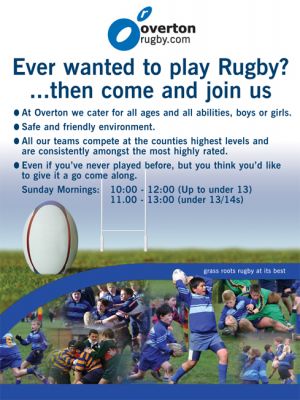 18_1_04_RF000
Junior Rugby is organized by Overton Rugby Club to introduce youngsters to Rugby Union Football in a safe and friendly environment. Non-contact Tag Rugby is played by 7 & 8 year olds, Mini Rugby by 9s & 10s, Midi Rugby by 11s & 12s, and Youth Rugby by 13+s. They are dead keen and have a lot of fun. For more information look them up on overtonrugby.com 

From Overtonrugby.com
