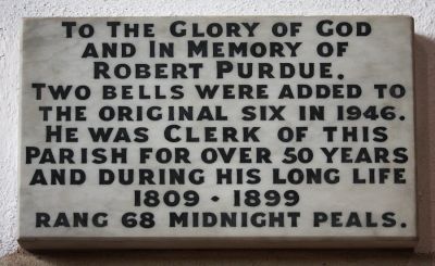 05_1CR002_1_2
This tablet is in St Mary's Church set in the wall above the entrance to the bell tower. The tablet was placed there in 1947 when Tom Readings, grandfather of Peter Readings, provided the two bells to complete the previous six. It commemorates Robert Purdue who is shown in the two previous pictures. 

From Peter Readings
