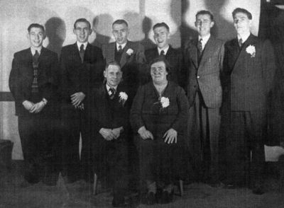 05_2BSCT_010
John Ansell's wedding day 17th December 1949. L to R standing: Peter, John, Tommy, Denis, Freddie, John Ansell. Seated: Parents Bill and Annie. Bills nickname was "China" but not thought to be anything with "Chinatown" (all of the men had nicknames in those days). Annie's maiden name was Ansell. She was the aunt of JA whose mother had died. 

From John Phillimore
