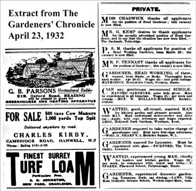 07_2BD003
1932 Gardeners' Chronicle advert for a Head Gardener, of three, at Berrydown Court - wages 45/- per week "and good cottage". (45/- = £2.25) 

From Steve Robarts
