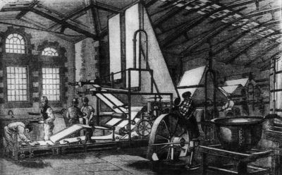 09PO003
Henry Portal's business prospered and he expanded by taking over Laverstoke Mill in 1718. In 1724 he obtained the Bank of England contract for banknote paper, a contract which Portals still retains this day. This engraving, which shows the interior of Laverstoke Mill in 1854, appeared in the Illustrated London News. 

From "The Story of Portals"
