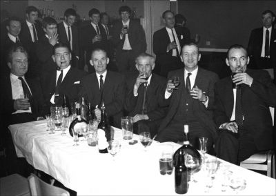 09PO037_4
Engineers from Portals Mill, Overton c.1975, having a night out. Benny Beattie is third from the left seated - husband of Mabel Beattie 

From Mabel Beattie
