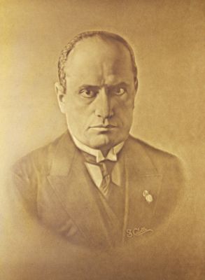 09POW_34
The signature on the watermark is S Cilotti who is presumed to be the artist. The original is shown to be from the papermakers CARTIERE P MILIANI FABRIANO. We are informed that the subject is Benito Mussolini (1883 - 1945)who was leader of the Italian Fascist Party and then head of the Italian Government (1922 - 1943) 

From Jon Sheldon. Information, Franco Mariani
