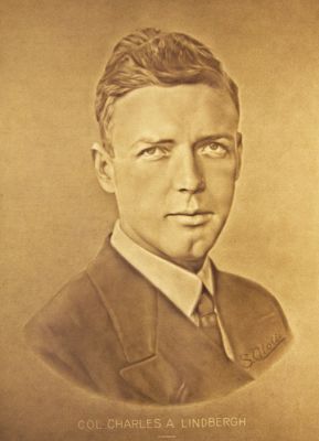 09POW_38
Charles Lindbergh was the 1st person to fly solo across the Atlantic. On May 20th 1927 he flew from New York to Paris - a distance of 3,500 miles in 33 and a half hours.

The original document is marked E E LLOYD PAPER COMPANY CHICAGO NEW YORK - MADE BY CARTIERE P MILIANI FABRIANO (ITALY) 

From Jon Sheldon
