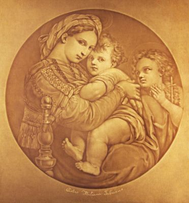 09POW_39
The watermark shows the papermakers as Pietro Miliani Fabriano. It is described on the Fabriano museum website as "Madonna della Seggiola". A reproduction of Raphael's Madonna and Child (1518). Created as a watermark in the 1950s by S Cilotti. 

From Jon Sheldon
