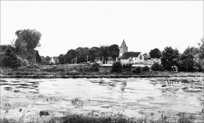 11TO034_5
A view of St Mary's Church which cannot be seen today because it is now obstructed by trees. Taken from Station Road in about 1955 it looks across one of the Portals lagoons. The River Test cannot be seen but it flows across the middle of the picture from right to left just beyond the far bank of the lagoon. 

From Peter Fea
